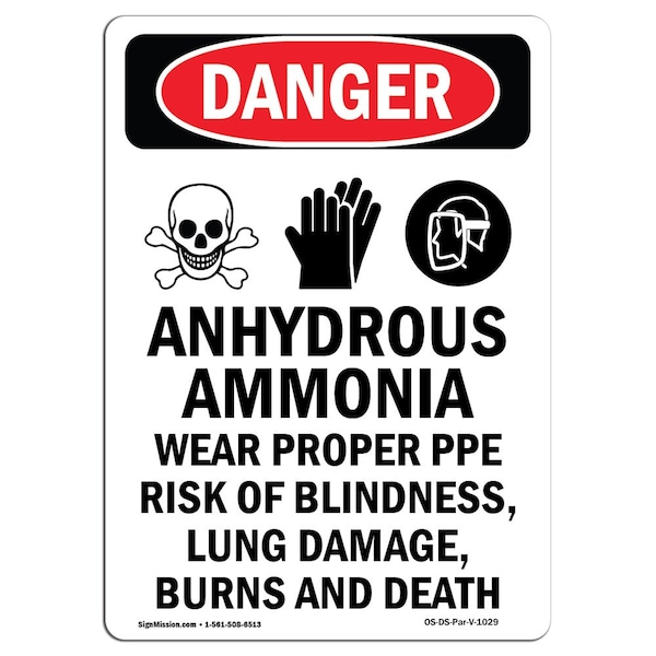Safety Sign, OSHA Danger, 5" Height, Anhydrous Ammonia, Portrait, 10PK